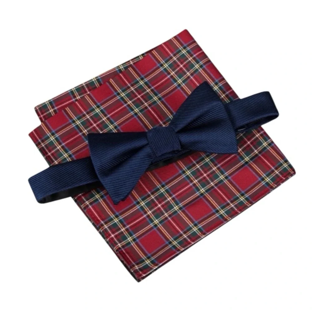 NWT Tommy Hilfiger Navy‎ Bow Tie with Plaid Pocket Square Set Holiday Christmas